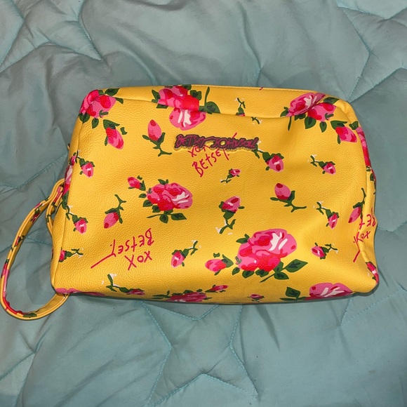Betsey Johnson Pink Floral Yellow Cosmetic Bag - Picture 1 of 9